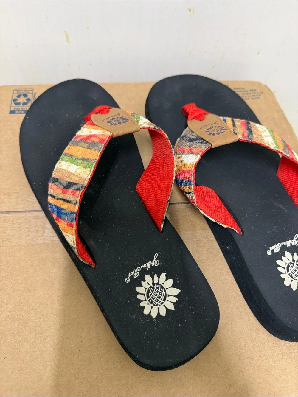 Yellow Box Black Sandals with Red and Multicolor Woven Straps - Picture 3 of 5